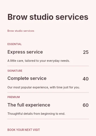 Brow studio services price list template