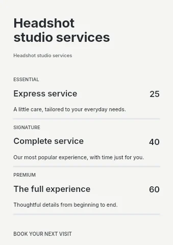 Headshot studio services price list template