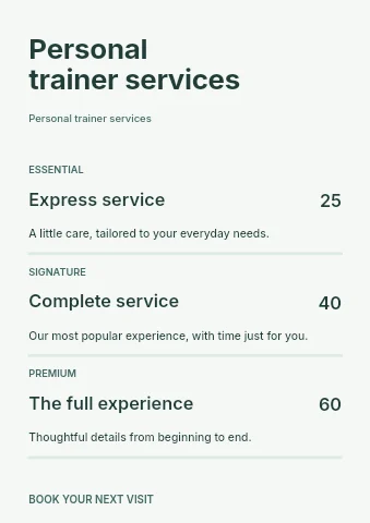 Personal trainer services price list template
