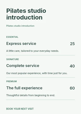 Pilates studio introduction price list template