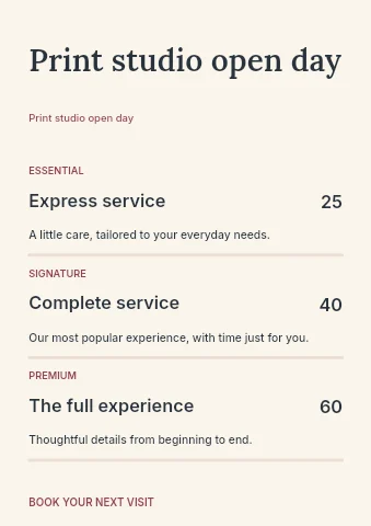 Print studio open day price list template
