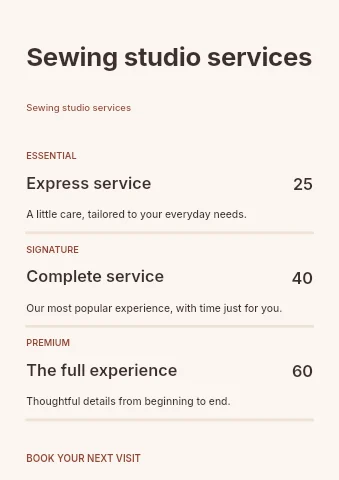 Sewing studio services price list template