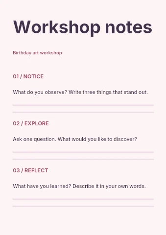 Birthday art workshop worksheet template