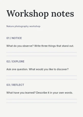 Nature photography workshop worksheet template