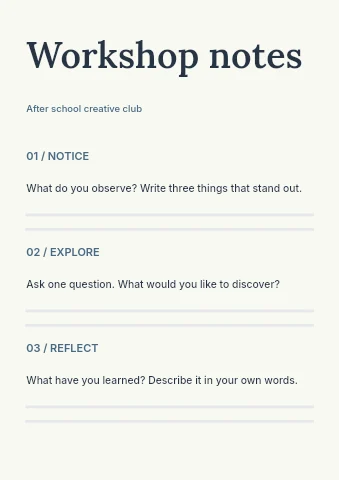 After school creative club worksheet template