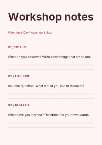Valentine’s Day flower workshop worksheet template