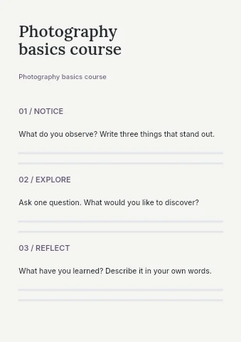 Photography basics course worksheet template