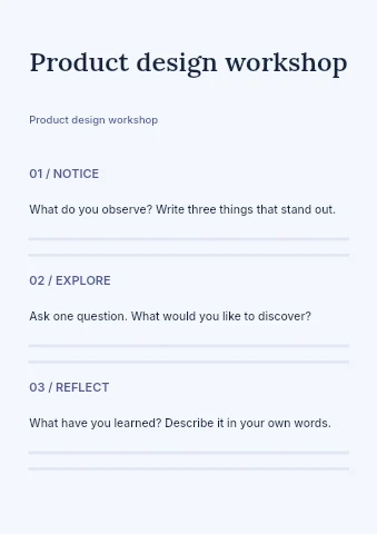 Product design workshop worksheet template