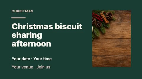 Festive Christmas candles and greenery in Christmas biscuit sharing afternoon presentation cover · Horizontal photo dialogue