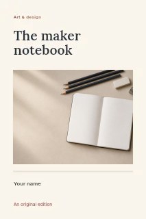 Open notebook with drawing pencils and stationery in The Maker Notebook · Title & photograph