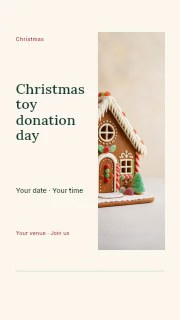 Decorated gingerbread house with candies in Christmas toy donation day instagram story · Split portrait