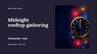 Clock striking midnight with fireworks in Midnight rooftop gathering · Horizontal photo dialogue