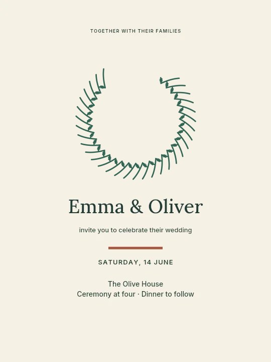 Birch wreath · open top with 32 leaves in Olive garden · Wedding invitation