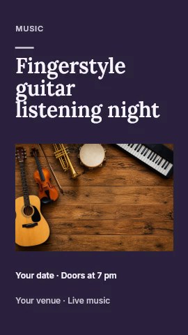 Assorted Musical Instruments on Wooden Floor in Fingerstyle guitar listening night instagram story · Title & photograph