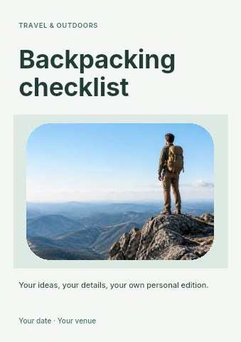 Man standing on rocky mountain peak in Backpacking checklist flyer template