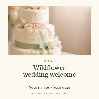 Three-tier white wedding cake with flowers in Wildflower wedding welcome social media post · Quiet photo gallery