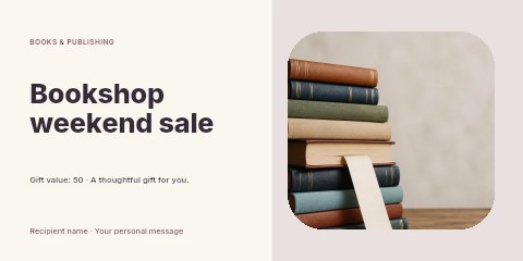 stack of hardcover books with bookmark in Bookshop weekend sale gift voucher template