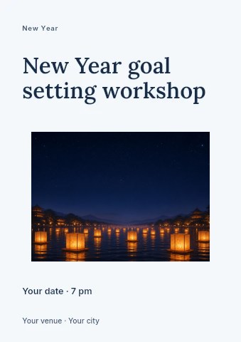 Floating lanterns on a calm water night in New Year goal setting workshop flyer template