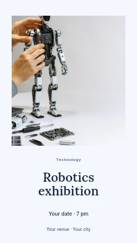 Technician assembling humanoid robot torso in Robotics exhibition instagram story template
