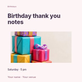 Colorful wrapped gift boxes stacked in Birthday thank you notes · Modern programme