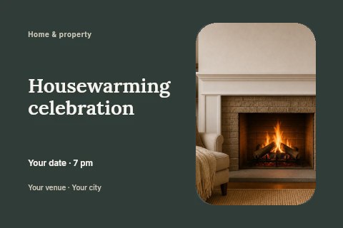 Cozy armchair by lit fireplace in Housewarming celebration postcard template