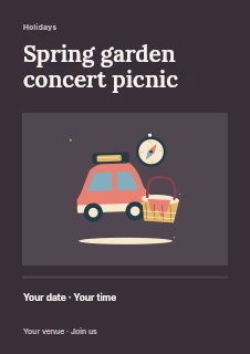 Holiday road trip with car and a picnic basket in Spring garden concert picnic flyer · Title & photograph