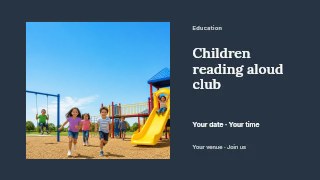 Children playing on bright playground equipment in Children reading aloud club presentation cover · Horizontal photo dialogue