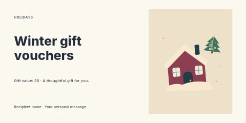Snowy holiday cabin and winter fir in Winter gift vouchers gift voucher template