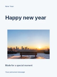 Sunset over snowy cityscape with bench in Classic Happy New Year photo layout · Modern programme