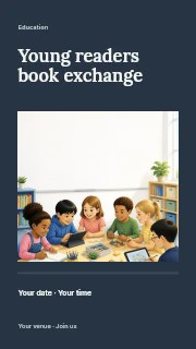 Children learning together with technology and books in Young readers book exchange instagram story · Title & photograph