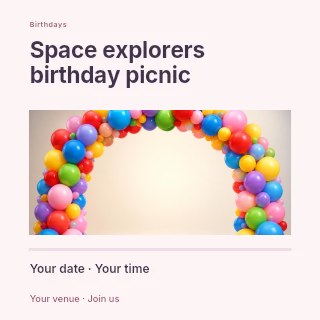 Space explorers birthday picnic social media post template · Title & photograph