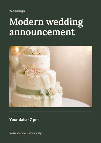 Three-tier white wedding cake with flowers in Modern wedding announcement flyer template