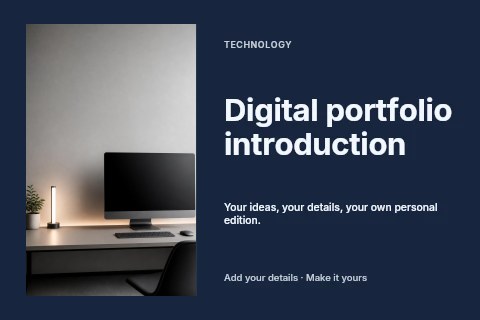 Minimalist modern workspace with desktop computer in Digital portfolio introduction postcard template