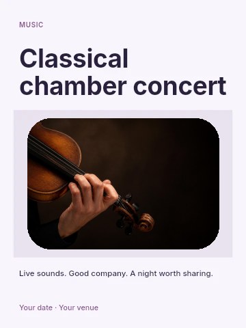 Hand playing violin close-up in Classical chamber concert invitation template