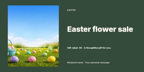 Colorful Easter eggs in spring meadow in Easter flower sale gift voucher template