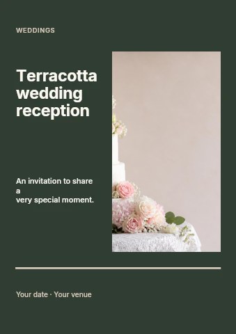 Elegant white three-tier wedding cake in Terracotta wedding reception flyer template