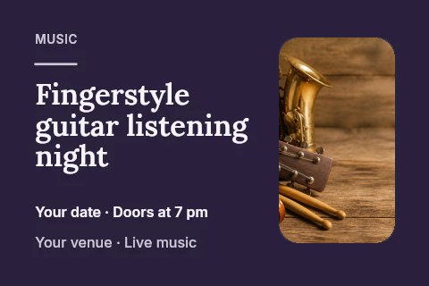 Assorted musical instruments on wood in Fingerstyle guitar listening night postcard · Horizontal photo dialogue