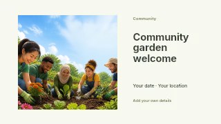 Community garden welcome presentation cover template · Horizontal photo dialogue