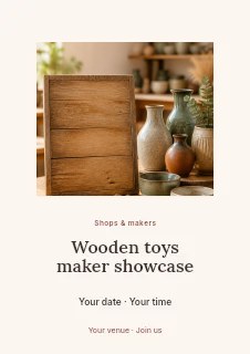 Rustic wooden board and ceramic vases in Wooden toys maker showcase flyer · Picture window