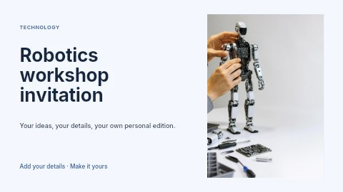 Technician assembling humanoid robot torso in Robotics workshop invitation youtube thumbnail template