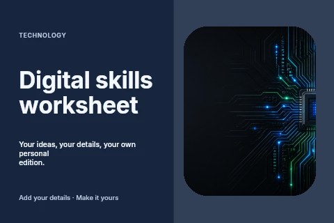 Glowing Computer Microchip Circuit Board in Digital skills worksheet postcard template