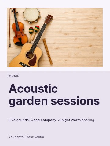 Acoustic instruments on wooden surface in Acoustic garden sessions invitation template