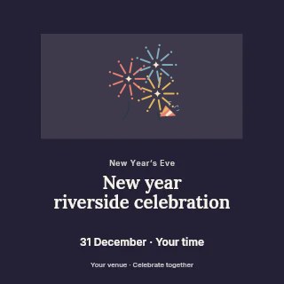 Firework celebration in coral and gold in New Year riverside celebration social media post · Picture window