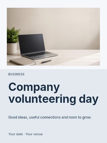 Minimal workspace with laptop and notebook in Company volunteering day poster template