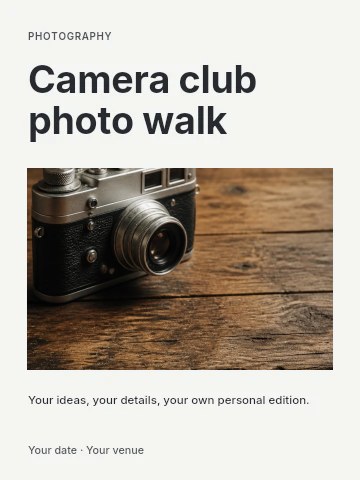 Vintage camera on rustic wooden table in Camera club photo walk invitation template