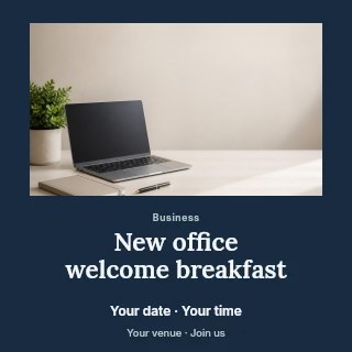 Minimal workspace with laptop and notebook in New office welcome breakfast social media post · Quiet photo gallery