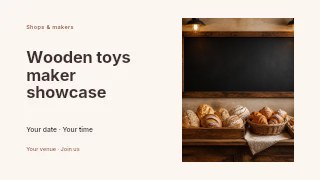 Rustic bakery display with assorted bread in Wooden toys maker showcase presentation cover · Horizontal photo dialogue