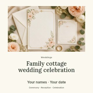 Family cottage wedding celebration social media post template · Quiet photo gallery