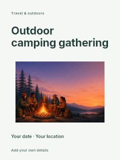 Friends camping by campfire at sunset in Outdoor camping gathering · Modern programme