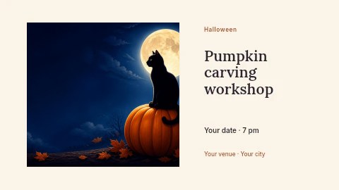 black cat sitting on pumpkin under full moon in Pumpkin carving workshop banner template